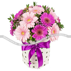 Встреча двух сердец  - коробка с розовыми и малиновыми герберами